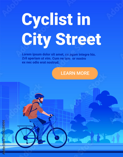 Cyclist riding bicycle modern city street urban landscape buildings trees people blue gradient background website banner