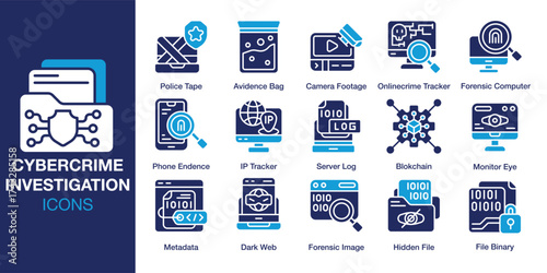 Cybercrime Investigation icon set. Containing cybersecurity, digital, crime, fraud, cyber, hacker and more. Solid vector icons collection. Vector illustration.