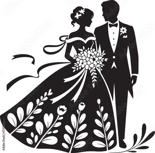 Elegant bride and groom silhouette, wedding celebration