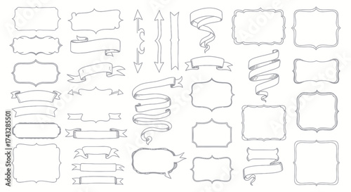 Collection of hand-drawn frames, ribbons, and banners for design elements.