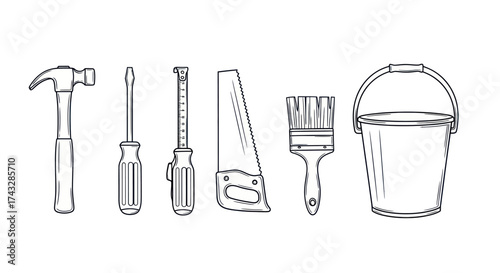 Line drawing of various tools including a hammer, screwdriver, tape measure, saw, brush, and bucket.