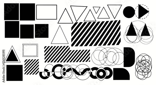 A collection of various geometric shapes and patterns, including squares, rectangles, triangles, circles, and striped designs.