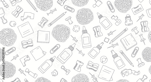 A detailed illustration featuring a scattered arrangement of various stationery items, creating a pattern.
