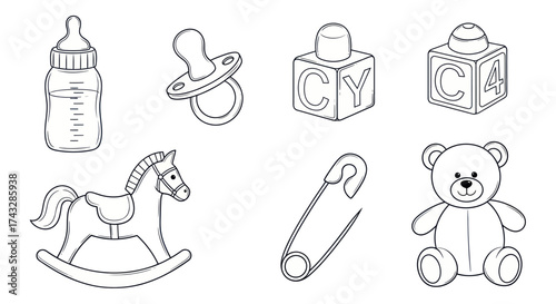 Black and white line art illustration of baby items.