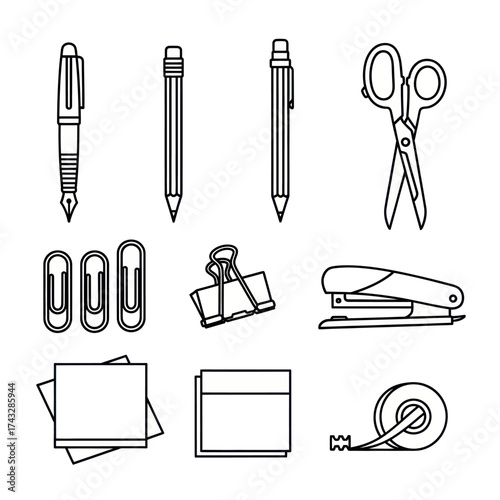 Outline drawing of office supplies: pen, pencil, scissors, stapler, tape, clips, and sticky notes.