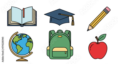 School supplies illustration: book, graduation cap, pencil, globe, backpack, and apple.