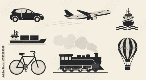 A collection of various transportation vehicle icons in a simple monochrome style.