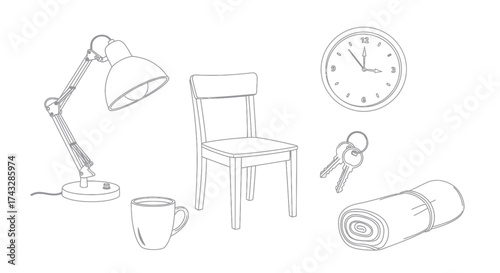A collection of household items including a desk lamp, chair, mug, clock, keys, and a rolled-up blanket.