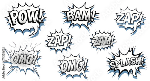Set of comic book speech bubbles with onomatopoeic words and exclamations in black and white style, featuring dynamic bursts.