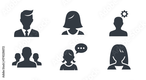 Set of silhouette people icons for user profile and social media.