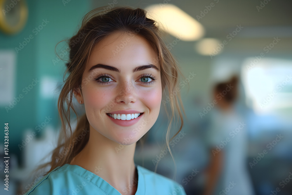 Fototapeta premium A cheerful young woman with a radiant smile stands in a dental clinic