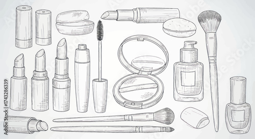 Black and white illustration of various makeup products, including lipstick, mascara, and brushes.