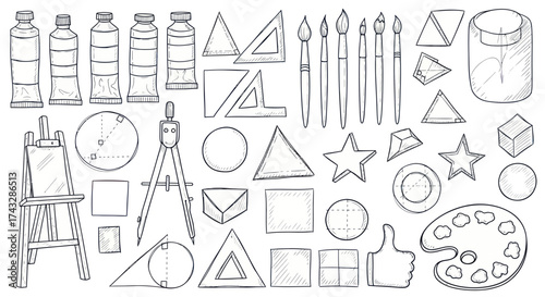 Illustration of art supplies and geometric shapes in black and white.