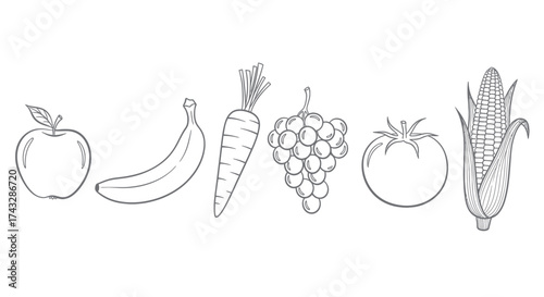 A set of six fruits and vegetables in a row, depicted as black and white line art illustrations on a white background.
