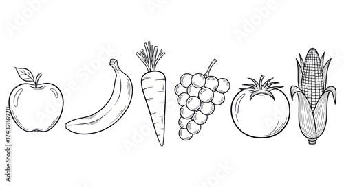 A black and white illustration of various fruits and vegetables including an apple, banana, carrot, grapes, tomato, and corn.