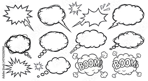 A collection of hand-drawn black and white comic book speech bubbles, thought balloons, and explosion sound effects.