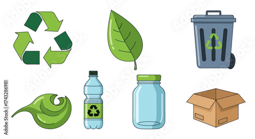 A collection of icons representing recycling, waste management, and environmental conservation, including a recycling symbol, leaves, a trash can, a plastic bottle, a glass jar, and a cardboard box.
