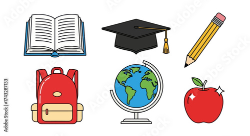 Collection of educational icons including a book, graduation cap, pencil, backpack, globe, and apple.