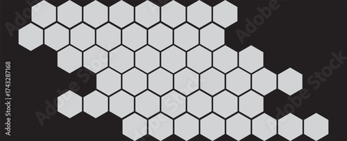 Dark gray and black horizontal hexagonal technology abstract vector background. Red bright energy flashes under the hexagon in a wide banner of futuristic modern technology. vector illustration