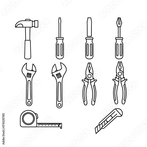 Line art illustration of various hand tools on a white background.