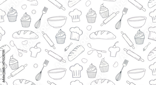 A seamless black and white pattern of hand-drawn baking and kitchen utensil doodles on a white background.