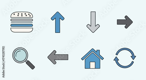 A collection of eight common user interface and web navigation icons on a light background.