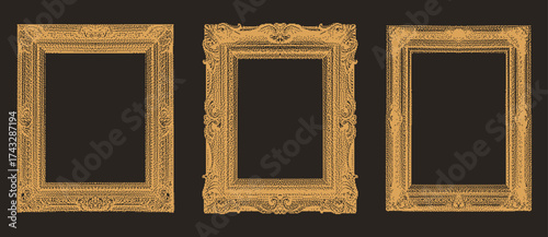 Collection of golden ornate frames in pixel style. Ideal for digital galleries, album covers, poster layouts, and retro graphic projects.