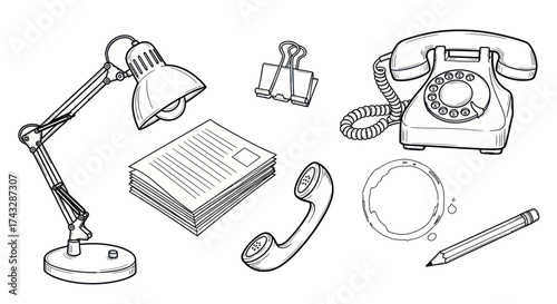 A collection of vintage office supplies including a desk lamp, telephone, paper, binder clips, and a pencil.