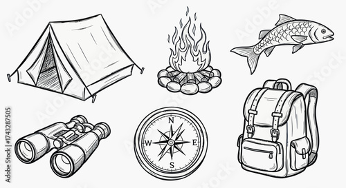 A collection of hand-drawn illustrations depicting essential camping and outdoor adventure gear, including a tent, campfire, fish, binoculars, compass, and backpack.