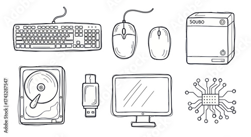 Black and white illustration of computer hardware components and peripherals.