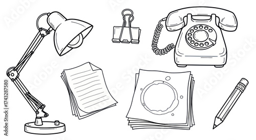 A hand-drawn set of vintage office supplies including a rotary phone, desk lamp, paper, and pencil in a black and white line art style.