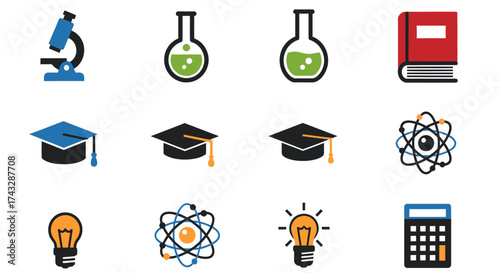 Collection of science and education icons, including microscope, flasks, books, and atom symbols.