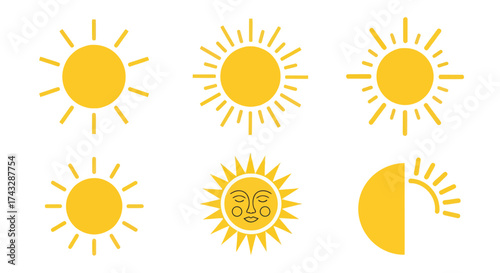 A collection of six different stylized yellow sun icons, each with a unique design for its rays, isolated on a white background.