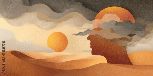 Abstract Human Face Silhouette with Sunset Background