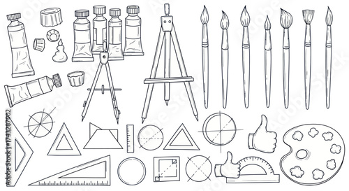 Line art illustration of art supplies, including paint, brushes, and geometric tools.