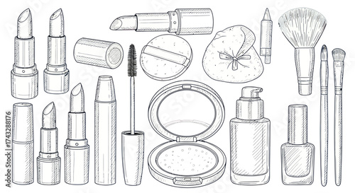 A detailed sketch of various makeup products including lipsticks, mascara, foundation, nail polish, and brushes.