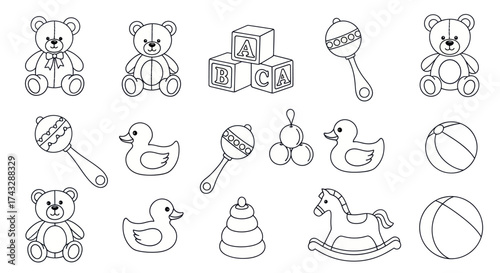 A collection of black and white line art illustrations featuring classic baby toys like teddy bears, rubber ducks, rattles, and blocks.