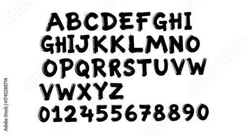 A complete set of the English alphabet in uppercase letters and numbers in a bold, handwritten, playful font.