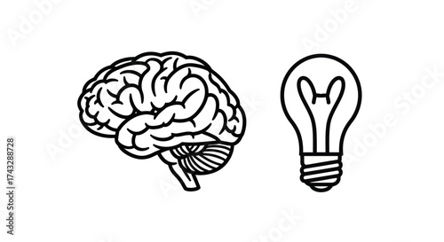 A simple black and white illustration showing a human brain next to a light bulb, symbolizing ideas and intelligence.