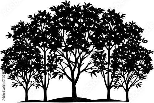 Black silhouette cluster of trees with detailed leaves