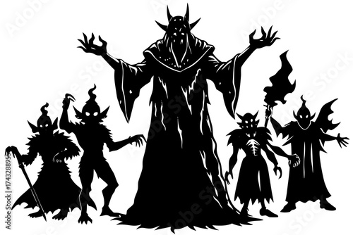 Black silhouette of a sorcerer and goblins on white background