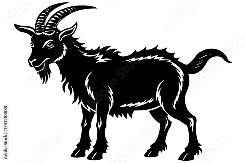 Black silhouette of a goat with sharp horns white animal