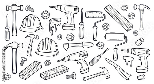 Black and white illustration of various construction tools, including hammers, drills, and safety helmets.