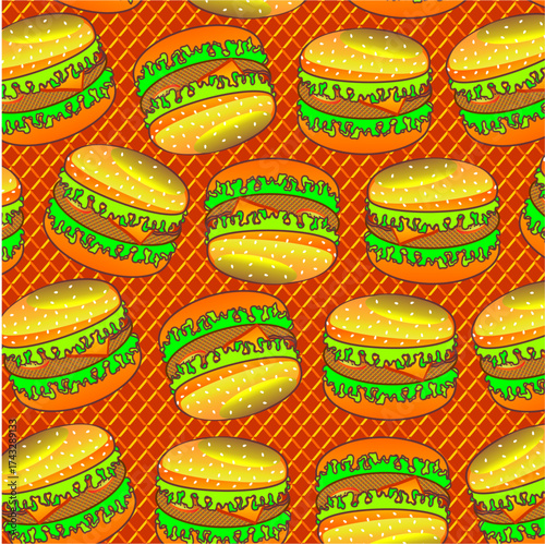 Burger pattern background. Colorful cartoon burger pattern illustration. Seamless pattern burger isolated on waffle background. Cheeseburger or humberger pattern. Fast food illustration.