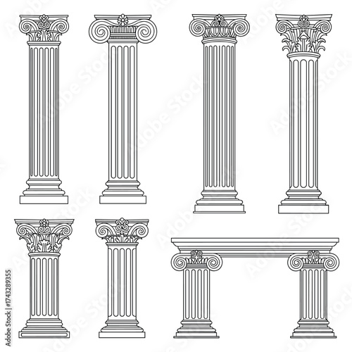 Collection of classical architectural columns with ornate capitals and fluted shafts.