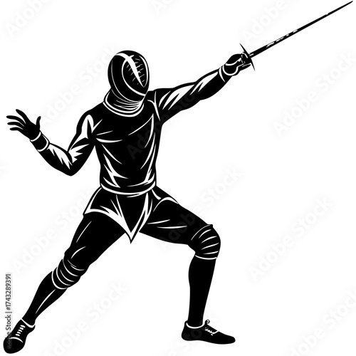 Black silhouette of a fencer in action fencing black and white