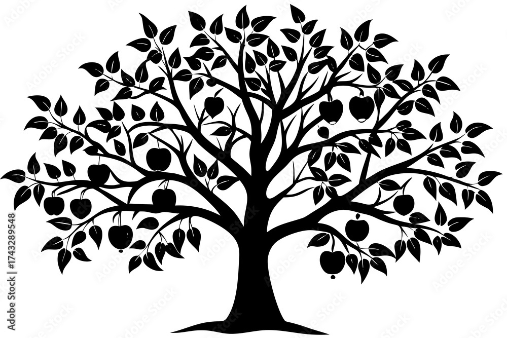 Obraz premium Black silhouette of a fruit tree with apples and leaves