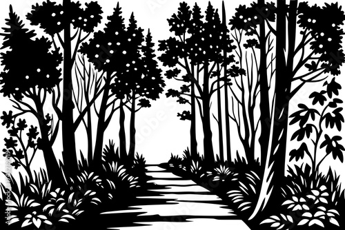 Black silhouette of a forest path with trees and foliage