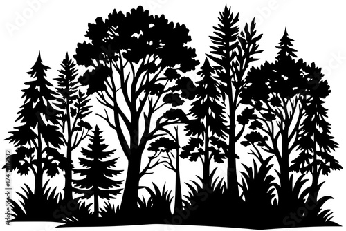 Black silhouette of diverse trees and grass forest