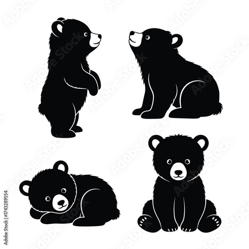 Adorable illustration of four cute black bear cubs in various playful poses.